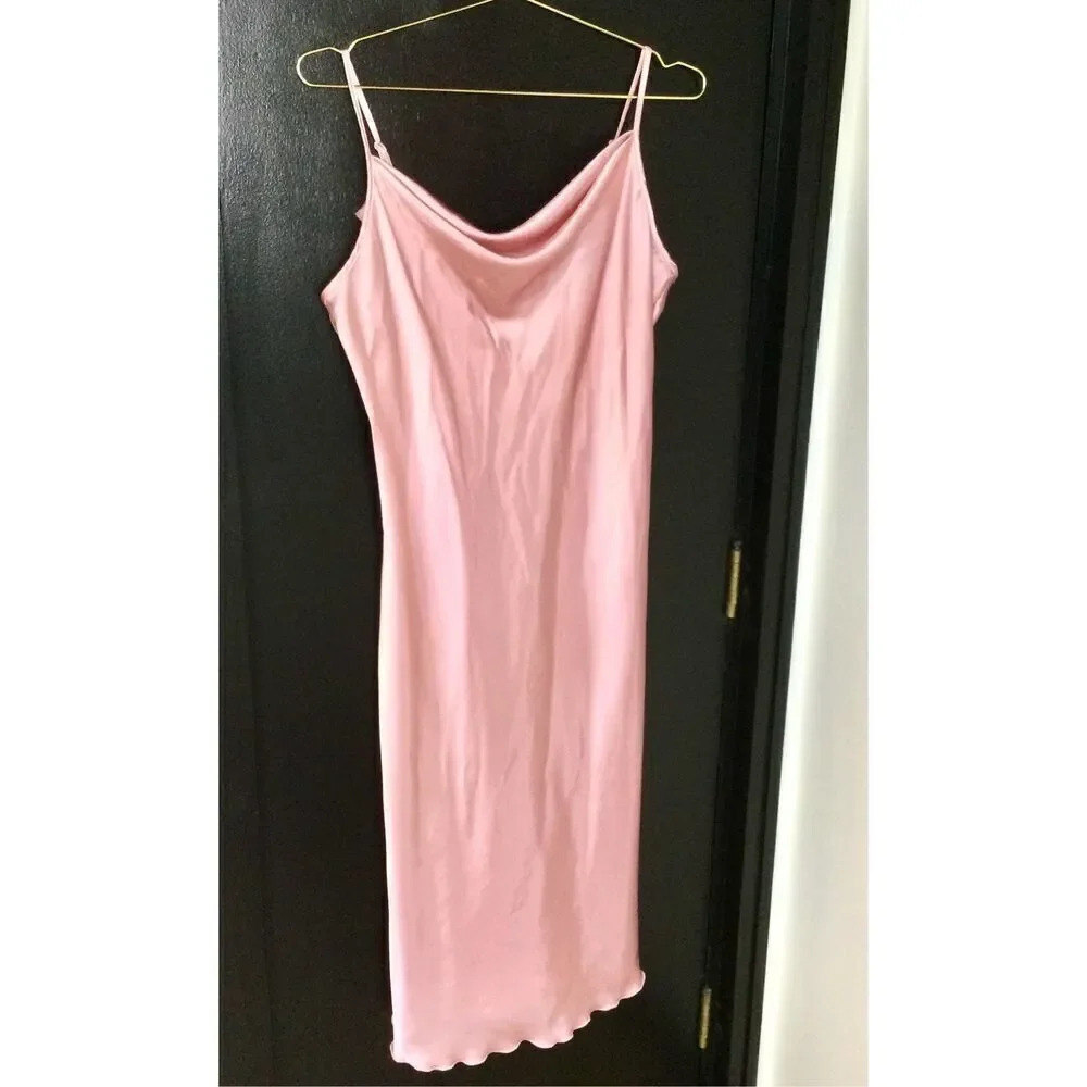 Vintage Bebe Womens L Satin Slip Dress Pink Drape Neck Lettuce Hem 1990s Y2K